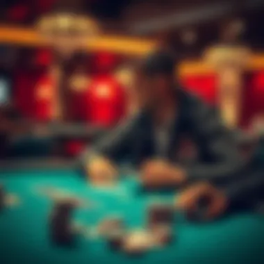 A focused player with a stack of chips at a Pot-Limit Omaha table, looking at their cards with concentration