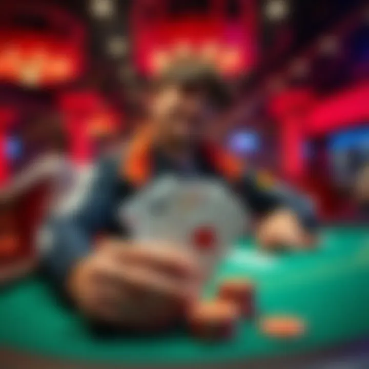 A poker player celebrating after hitting quad queens during a game, showcasing a winning hand on the table.