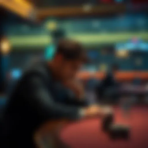 A player sitting at a table, looking thoughtful and a bit down after a tough game in a private club setting.