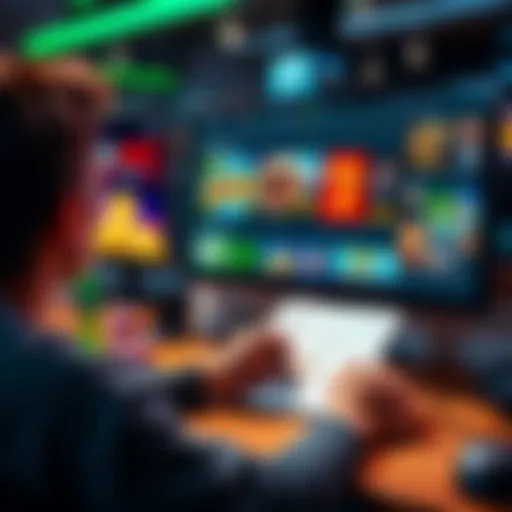 A person sitting at a desk looking at a computer screen displaying various online casinos with a notepad and pen in hand, searching for reliable options.