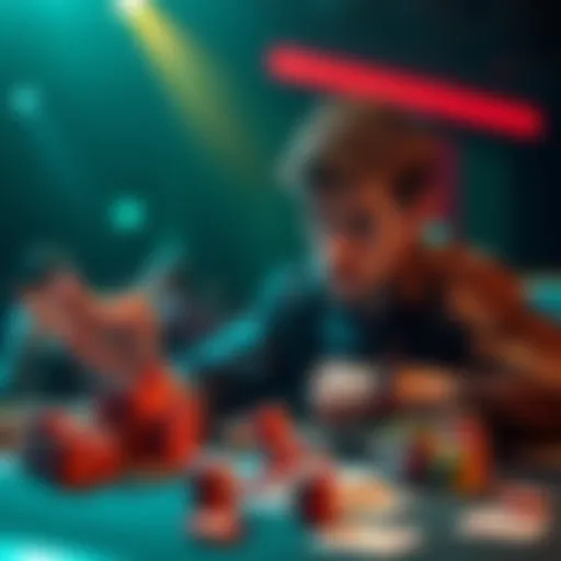 A frustrated poker player looking for coaching advice, sitting at a table with cards spread out, contemplating their next move.