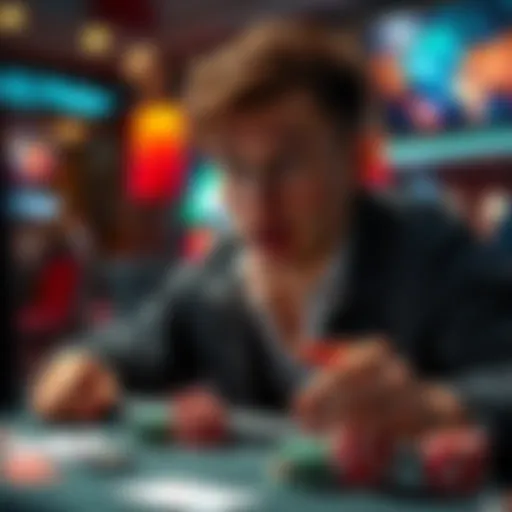 A poker player looking surprised at their screen, surrounded by cards and chips, showcasing the highs and lows of online poker play.