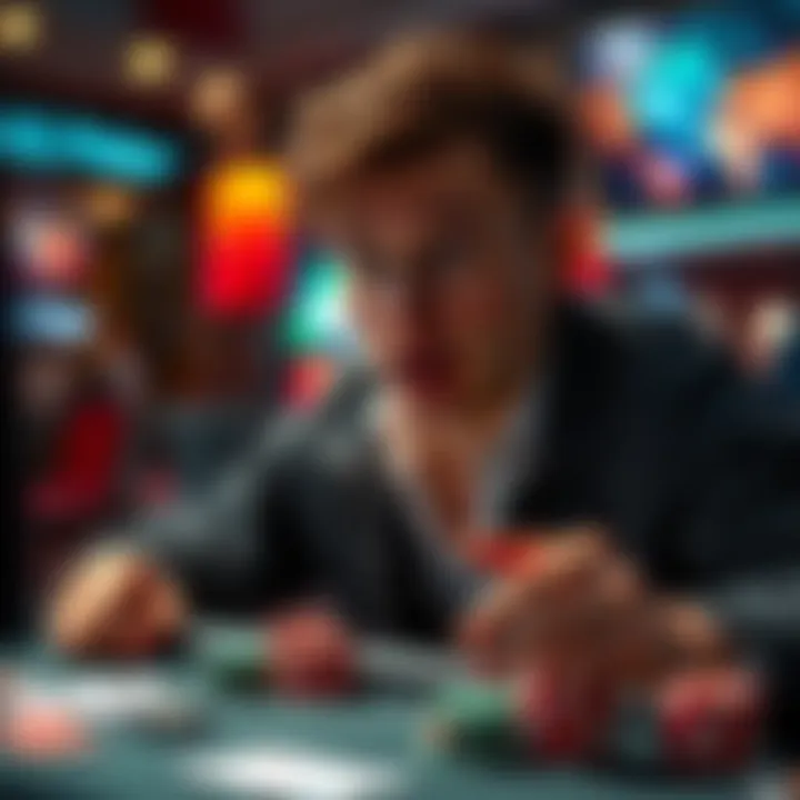 Player at GG Poker with a shocked expression A poker player looking surprised at their screen, surrounded by cards and chips, showcasing the highs and lows of online poker play.