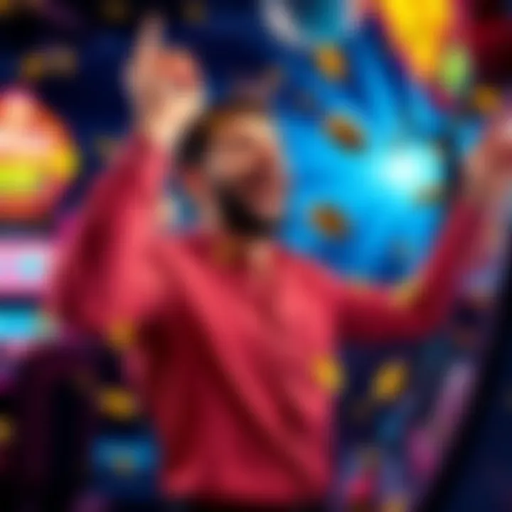 Player Celebrating Slot Win A joyful player celebrating a big win on a slot machine, surrounded by colorful lights and coins.