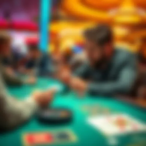A focused player at a casino table consulting a strategy card while others play around them