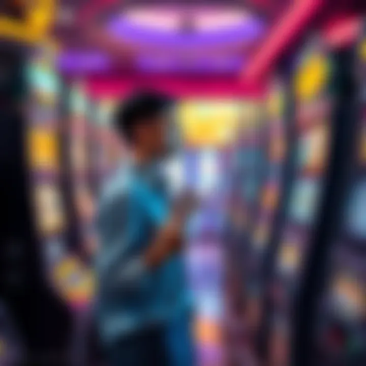 A person standing in front of slot machines, looking at different options while holding a ticket, illustrating the habit of switching machines.
