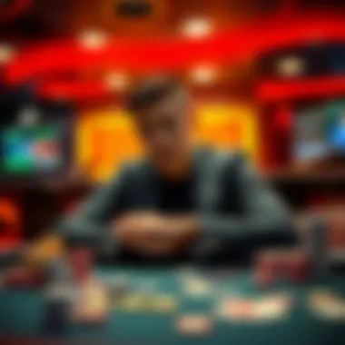 A focused player sitting at a gaming table, reflecting on losses with a thoughtful expression, surrounded by gaming chips and cards