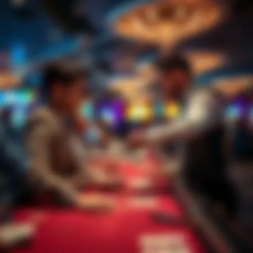 A player handing cash to a casino host at a gaming table while other players look on