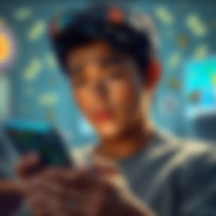 A player looks troubled while holding a phone with a game app open, symbols of money and competition visible in the background