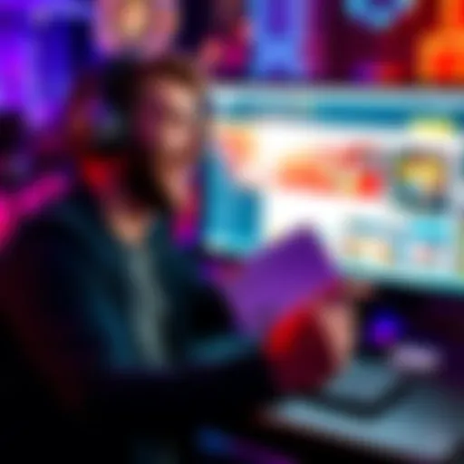 A happy player holding a winning slip while looking at a computer screen showing a crashed gambling site