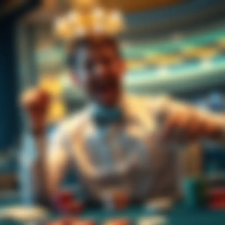 Player celebrating a winning bet A player with a joyful expression, surrounded by chips and cards, celebrating a successful betting session on the Banker.