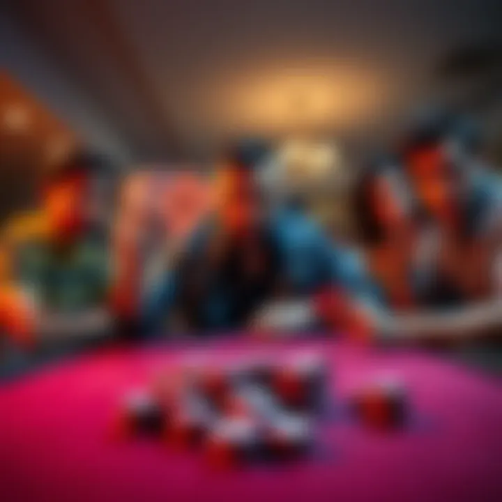 A poker player at a home game table holding three cards, looking puzzled, while other players watch with curiosity.