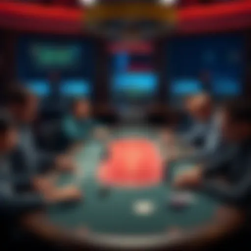 Players at Omaha table Group of players at a poker table looking concerned and analyzing their cards, with computers showing multiple tables in the background.