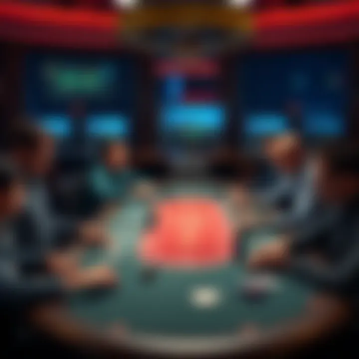 Players at Omaha table Group of players at a poker table looking concerned and analyzing their cards, with computers showing multiple tables in the background.