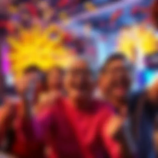 Group of excited players with big smiles celebrating their wins in the Mega Bonanza game, with confetti in the air