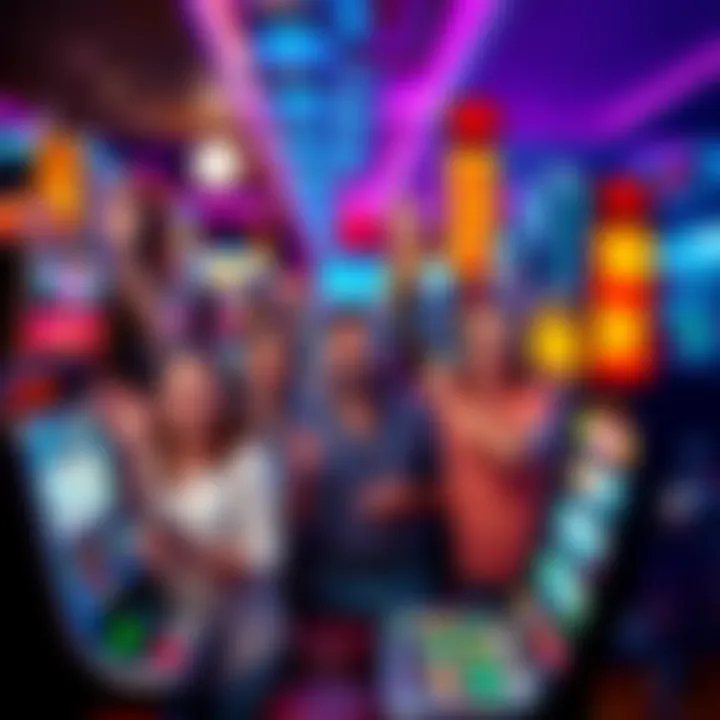 A group of people smiling and cheering after winning a small jackpot at a slot machine in a bustling New York casino