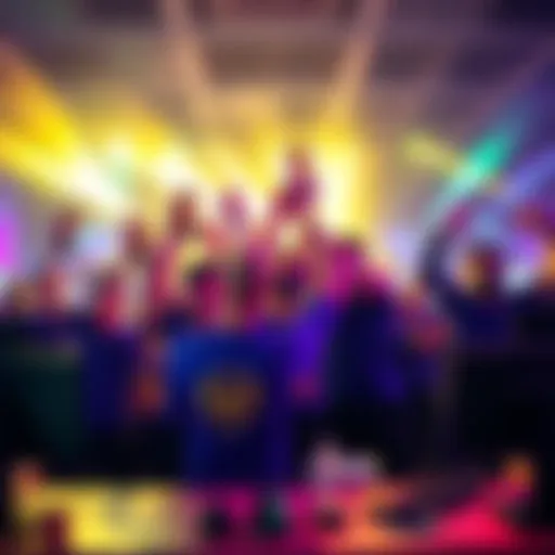 A group of players joyfully celebrating their gaming victories with trophies and high fives, surrounded by a colorful gaming setup