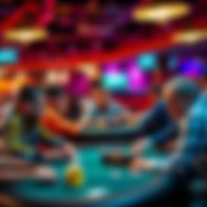 A group of players seated at poker tables in a club, with visible stack sizes and a well-known player present, showcasing a lively atmosphere and intense focus.
