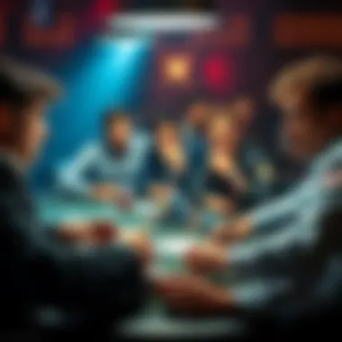 Players Discuss Limit Poker A group of poker players sitting around a table discussing limit poker, with cards and chips visible, showing varied expressions of interest and boredom.
