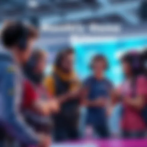 Group of players engaged in conversation about upcoming game releases, with excitement in the air.