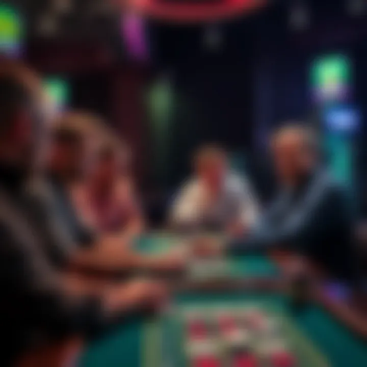 A group of players sharing their thoughts about online evolution craps at a table, looking skeptical and entertained.