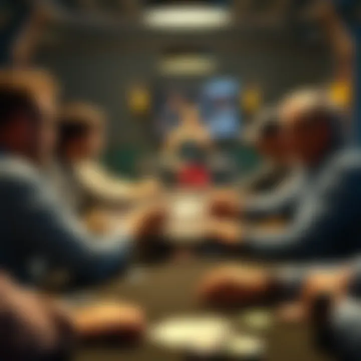 A group of people at a table discussing strategies for strip poker, with cards and chips visible
