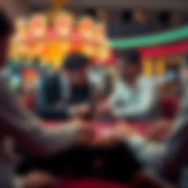 Two players at a poker table in a Vegas casino talking in another language during a high-stakes game, causing suspicion among others.