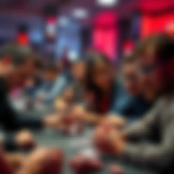 Players Engaged in Turbo MTTs Group of people focused on low stakes turbo multi-table tournament poker, showing expressions of concentration and frustration while playing cards.