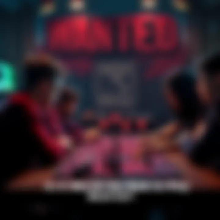 A group of players focused on a tabletop game called Wanted, with game pieces and a board on a table, showcasing excitement and strategy