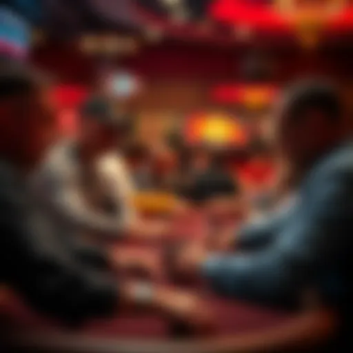 A group of people sitting at poker tables, concentrating on their cards and chips during a small stakes live tournament