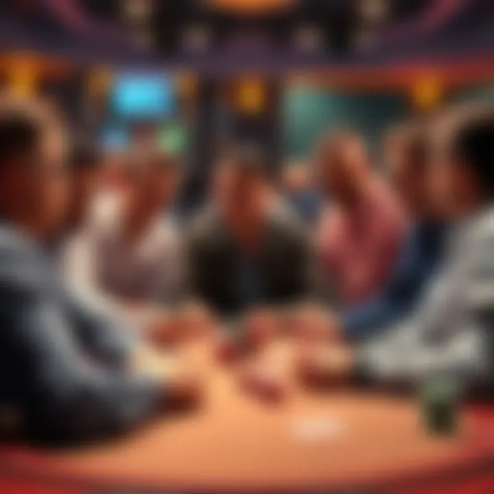 A group of players gathered around a table discussing tips and strategies for winning in Six Max games, with cards and chips visible on the table.