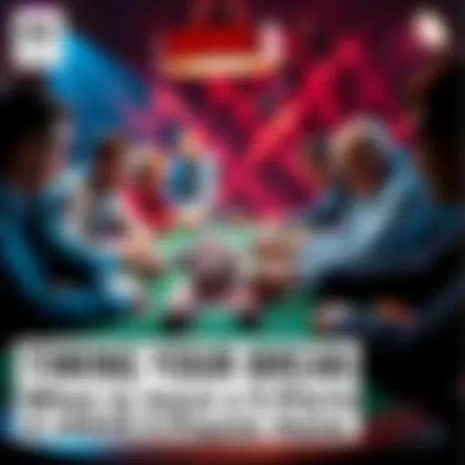 Nine players engaged in a poker game with chips and cards, one player considering a break