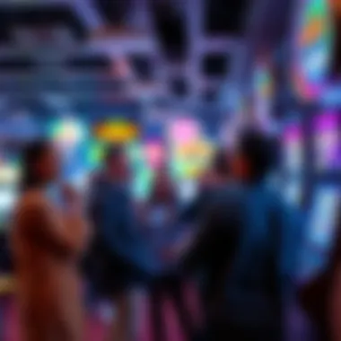 A group of people gathered around a slot machine in a social casino, showing excitement and anticipation after a win.