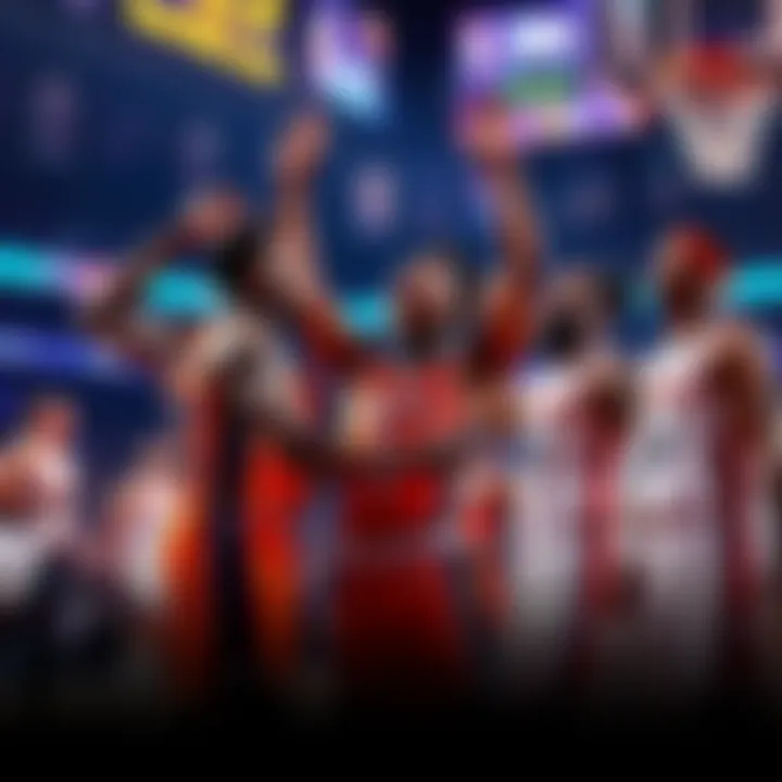 A group of basketball players celebrating a pivotal moment in the All Star game, showcasing excitement and teamwork.