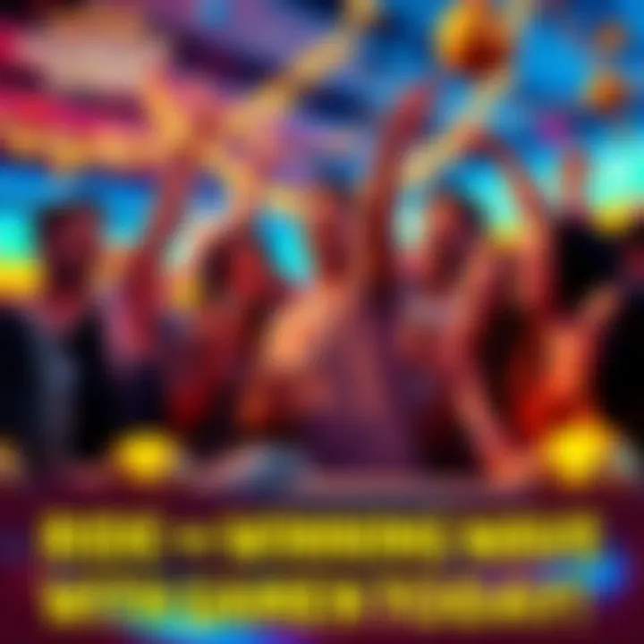 Players celebrating wins at Gambulls Group of players happily celebrating their wins while playing Gambulls, with festive decorations around them