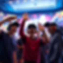 A group of happy gamers celebrating their achievement of reaching Plat 4 rank in a game, with game graphics in the background