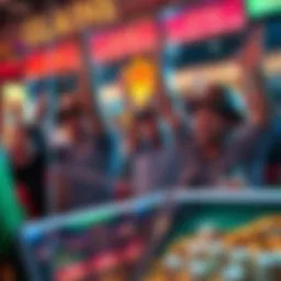 Group of excited players celebrating their big wins at a gambling venue during Bonus Bangs event