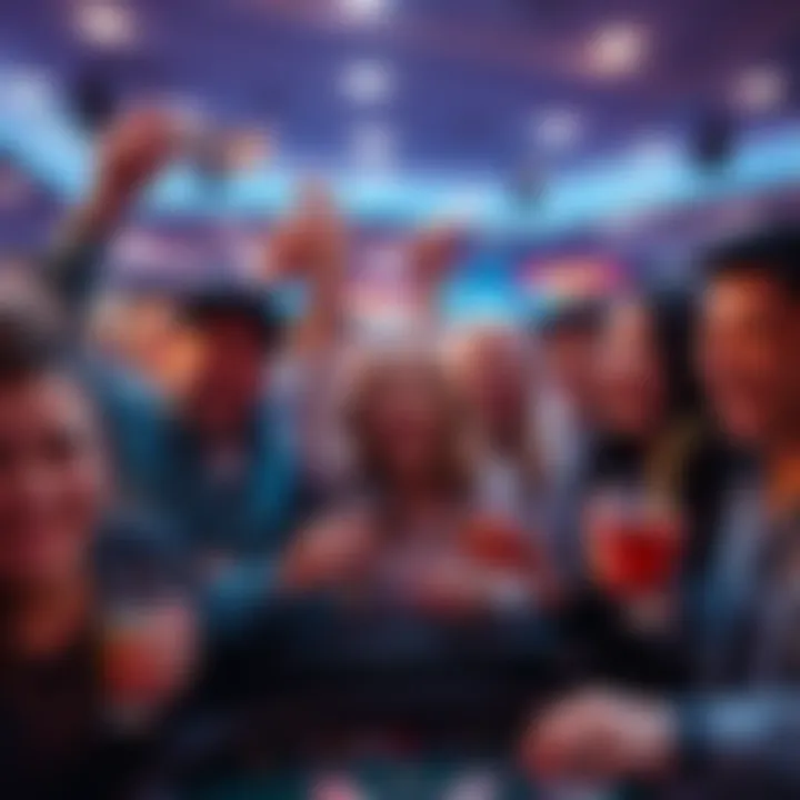 Group of people celebrating a gambling win, holding cash and drinks, with smiles on their faces.