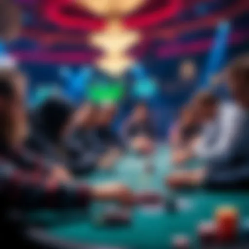 A group of poker players at a table during the World Series of Poker Main Event, focusing on their cards and chips, with intense expressions as they compete for the final table.