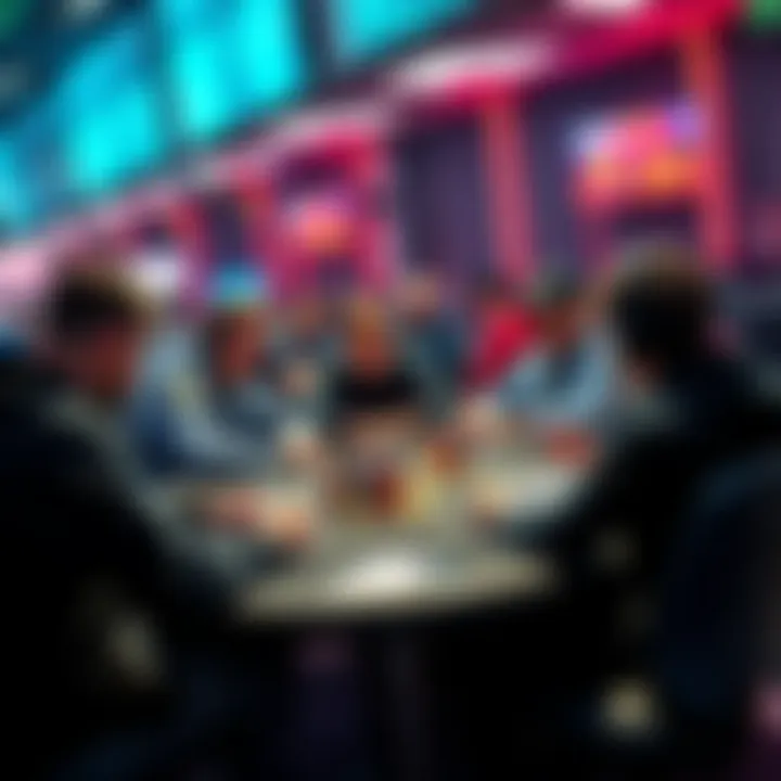 Players discussing SNG formats A group of players gathered around tables, expressing frustration about the absence of heads up hyper turbo SNGs on GG platforms, showcasing their interest in diverse gaming options.