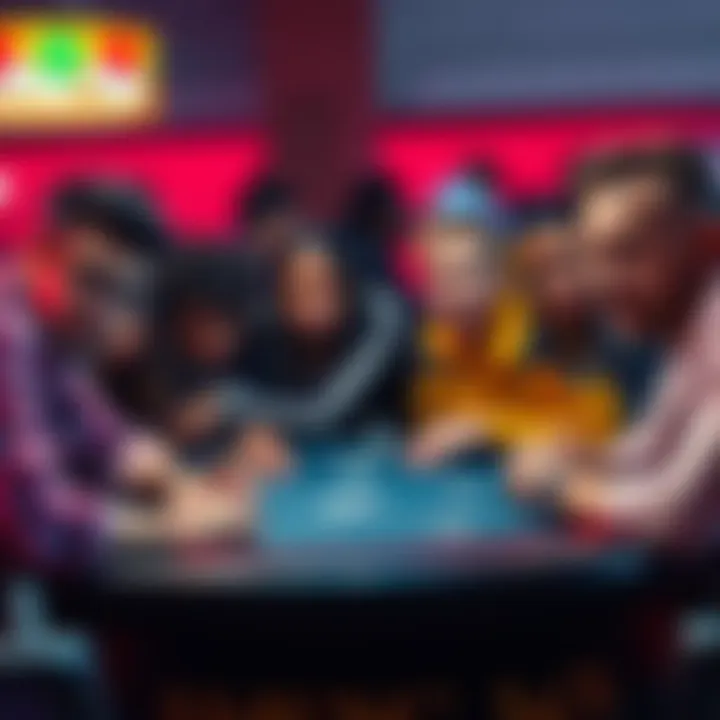 A diverse group of players at a gaming table, showing varied expressions of excitement and concern, with game pieces and cards visible.