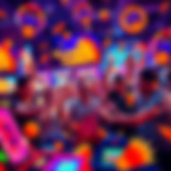 A group of enthusiastic players celebrating their wins while playing the Flaming Turkey game, surrounded by colorful graphics and symbols of bonuses.