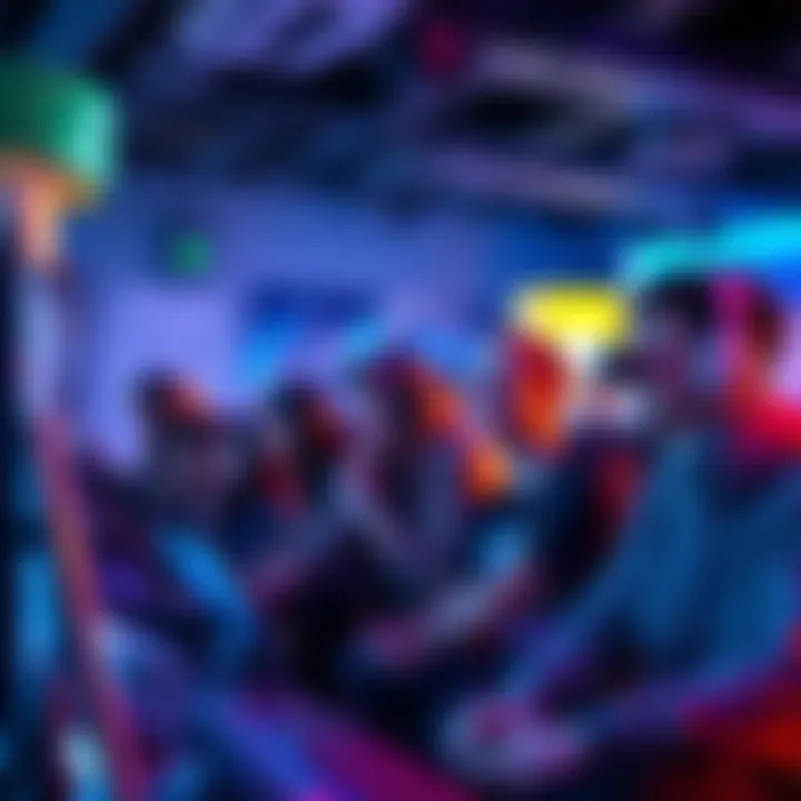 A group of gamers intensely focused on screens, sharing excitement and camaraderie in a lively gaming environment.