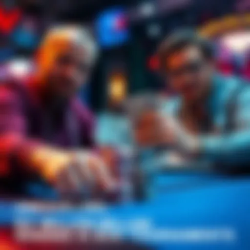 Two players holding poker chips and cash in a tournament setting