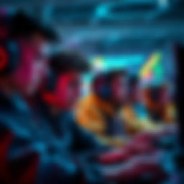 A group of gamers intensely focused on their screens, strategizing to reach Platinum 2 rank in a competitive game. Tension is visible as they share tips and support each other, highlighting camaraderi...