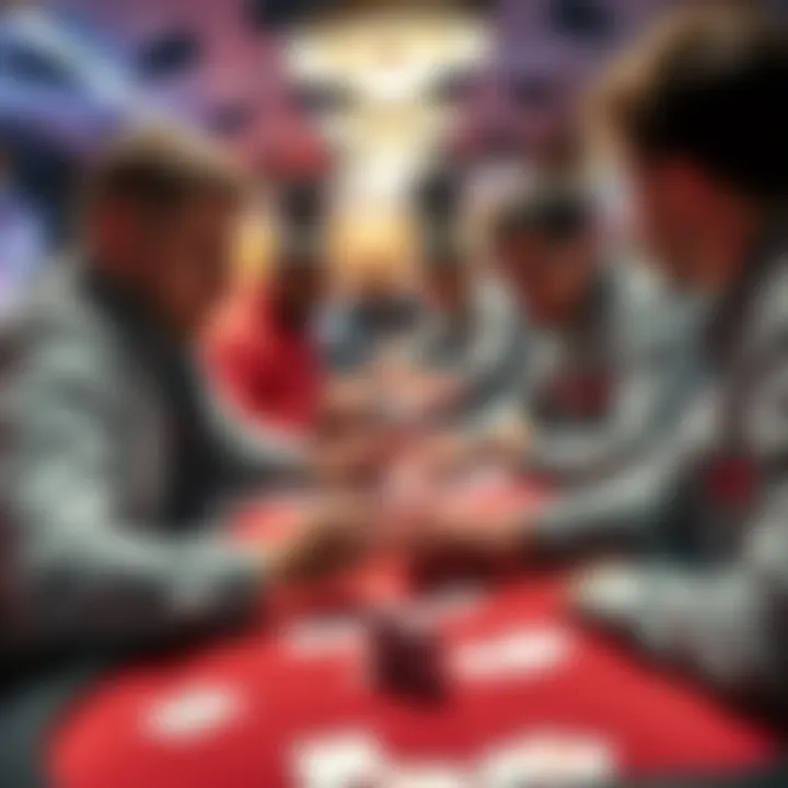 Players studying Pot-Limit Omaha A group of poker players reviewing Pot-Limit Omaha strategies at a table with cards and notes