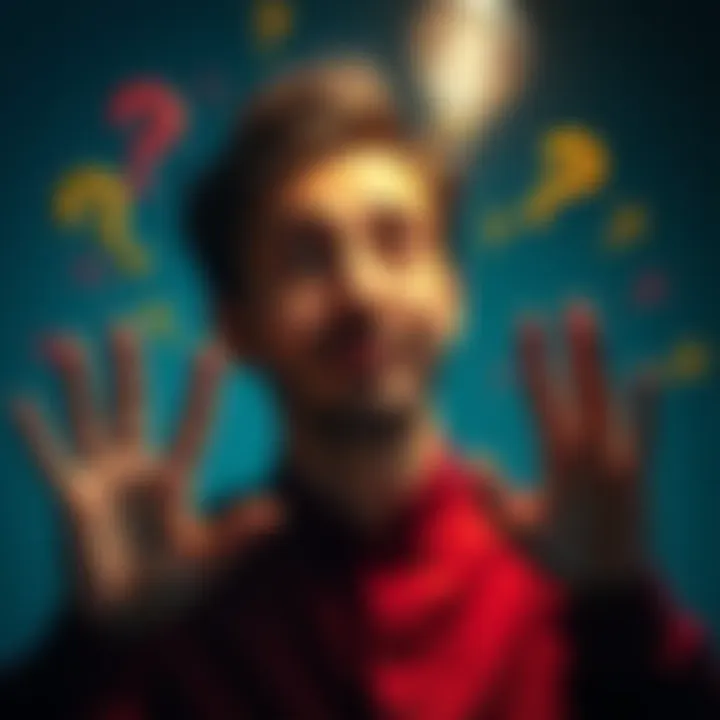 A person with a playful expression making a gesture as if predicting something funny, surrounded by colorful question marks and lightbulbs, symbolizing casual insights and hope.