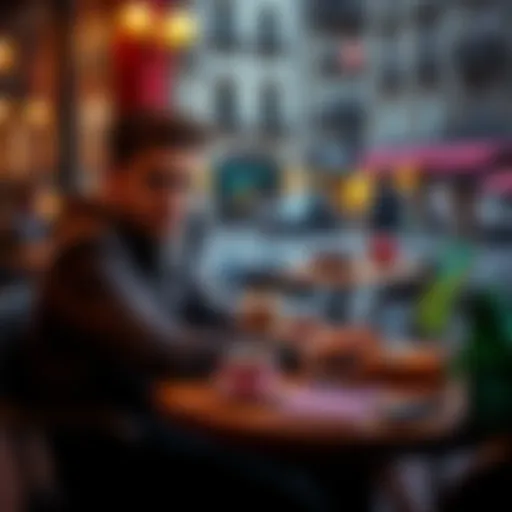 Person sitting at a laptop playing GGPoker at a café in Europe, with a coffee cup and travel items around.