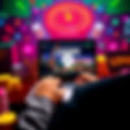 Person using a laptop with a VPN connection to access an online casino site, surrounded by gaming icons and California-themed elements.