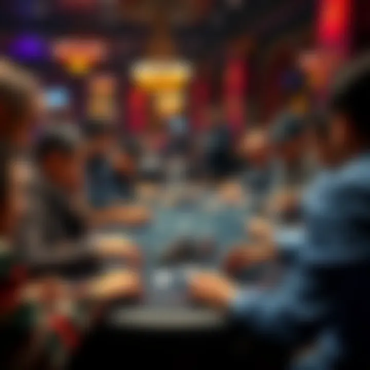 Playing poker in Madrid A group of people gathered around a poker table in a Madrid casino, focused on their cards and chips